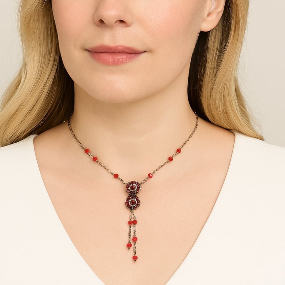 Liz Palacios SF Red Swarovski Crystal Flower Necklace Romantic Signed Vintage